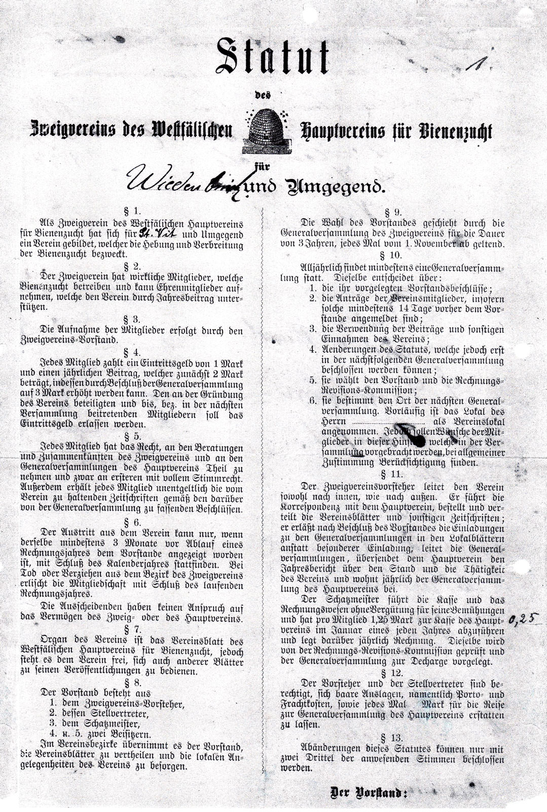 Statut Imkerverein Wiedenbrück 1894 Statut Imkerverein Wiedenbrück 1894